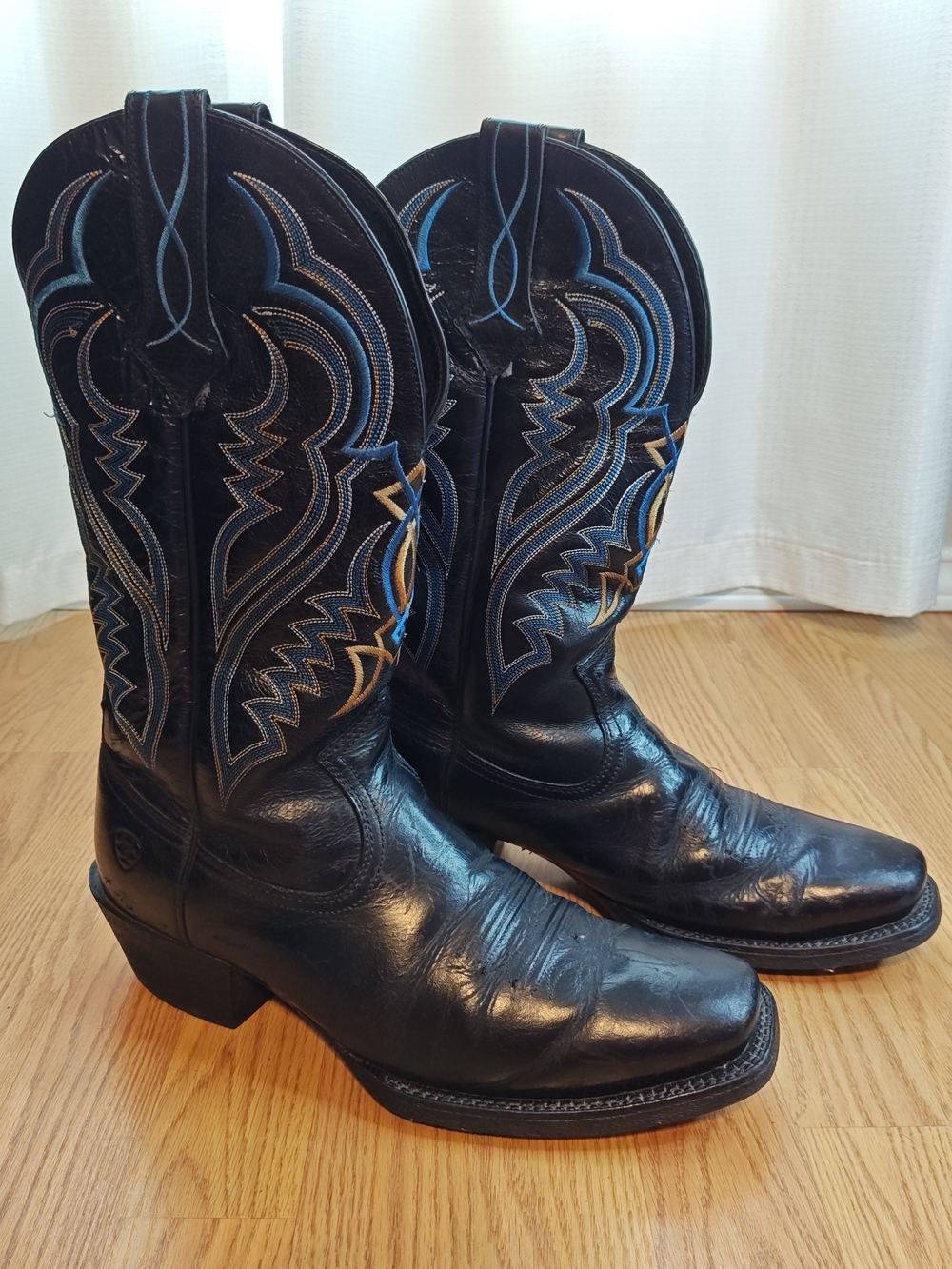 Ariat Heritage Western Boots Black Leather Square Toe Blue Gold Stitch 10.5D - Picture 2 of 14